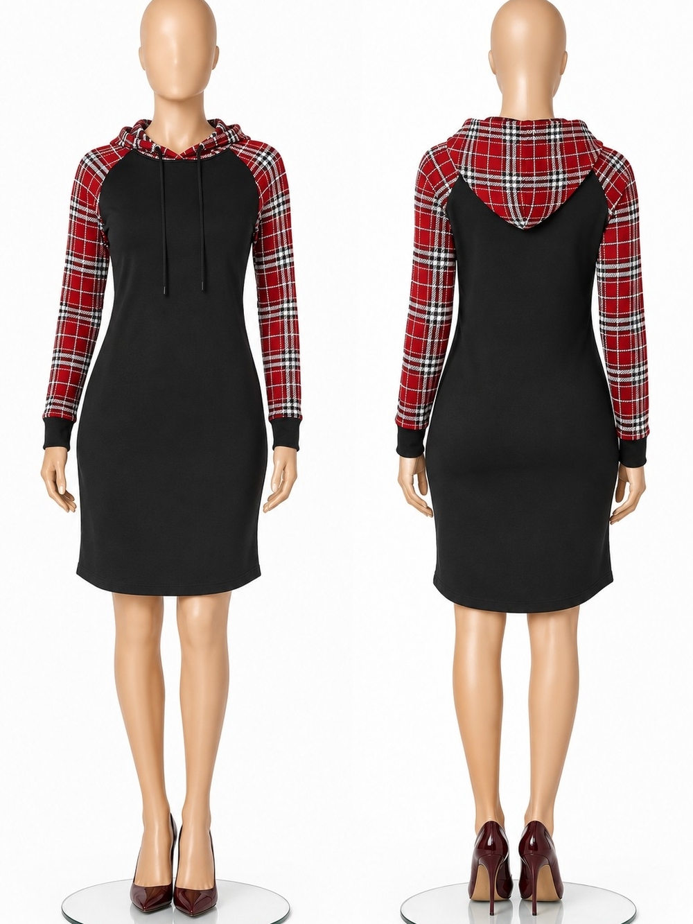 Black Hoodie Dress with Red Plaid Sleeves